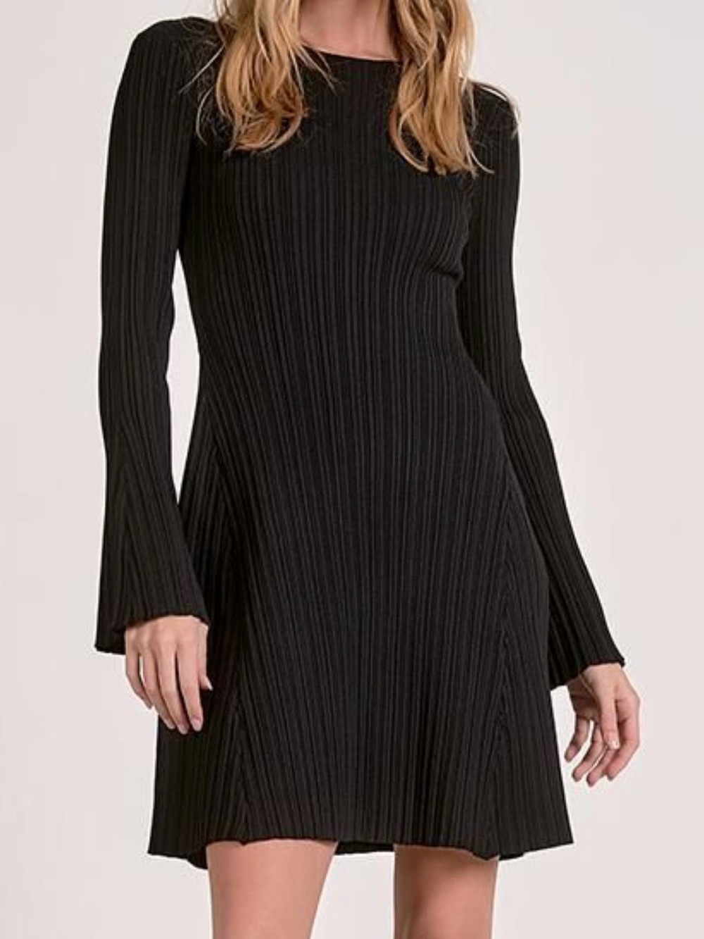 Elan Black Ribbed Long-Sleeve Knit Dress